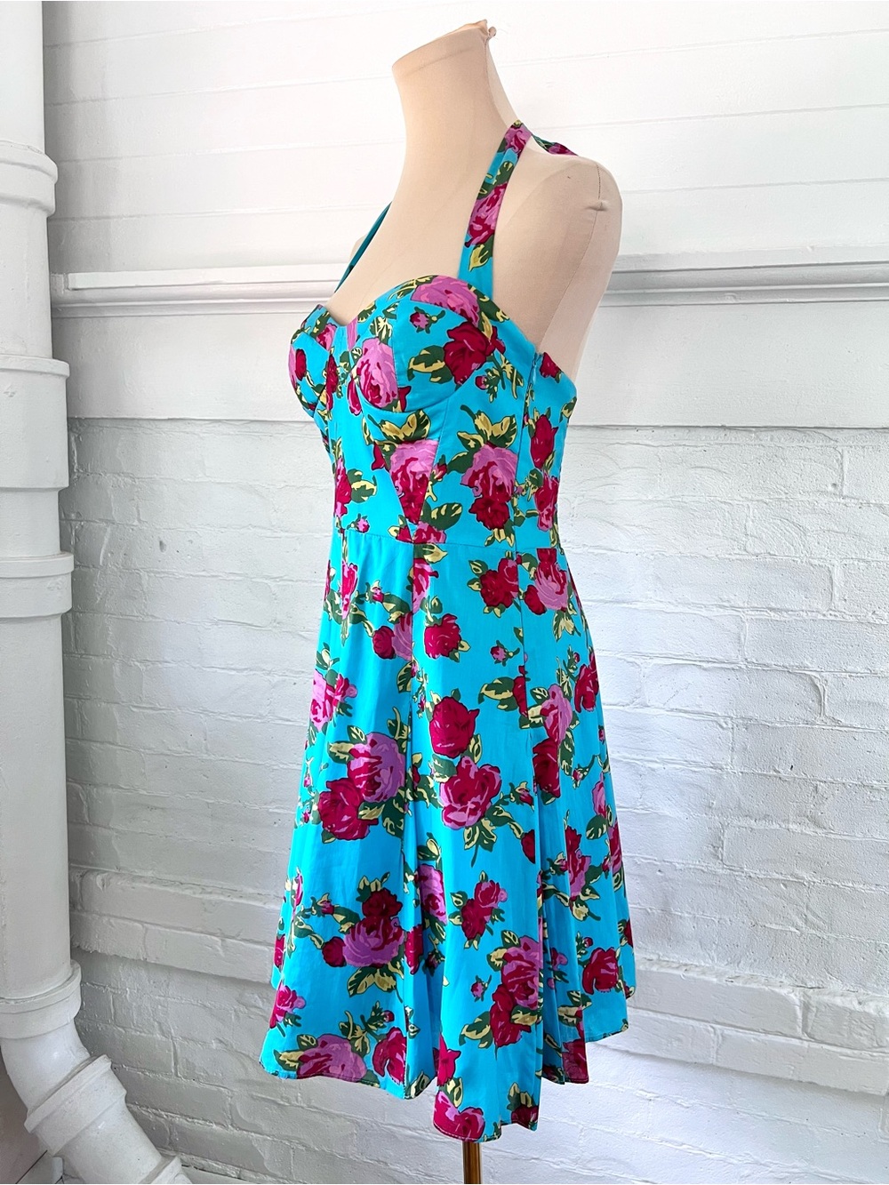Betsey Johnson Turquoise Blue Floral Cotton Retro Halter Dress Fit And Flare 6 - Picture 3 of 14